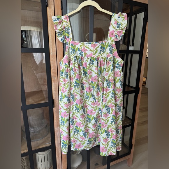 Linen floral block print babydoll mini dress ruffle pyjama square neck flutter - Picture 9 of 14